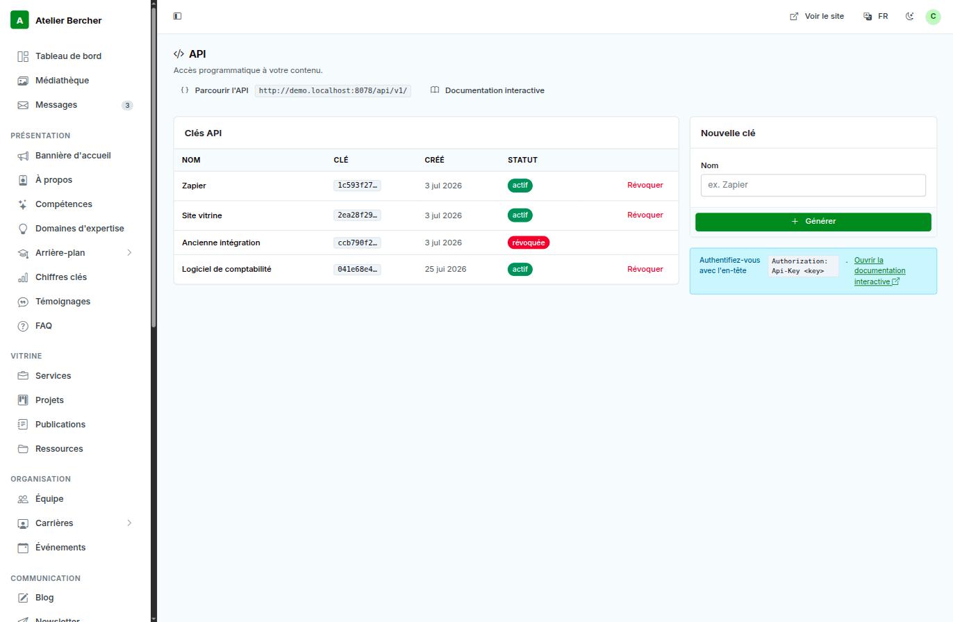 Der API-Bildschirm: die Schlüsselliste mit Name, Schlüssel, Erstelldatum und Status, und das Feld zum Erzeugen eines neuen.